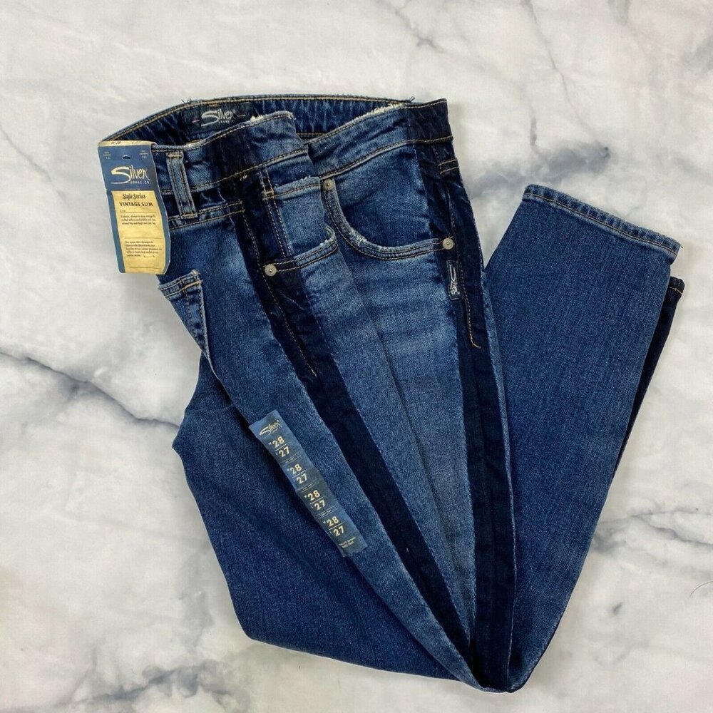 Silver Vintage Ankle Slim Jeans Size 28 Womens Indigo Tuxedo Side Stripe Tapered - Picture 3 of 12